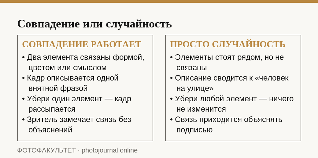 Сравнение работающего совпадения и случайного соседства в уличном кадре