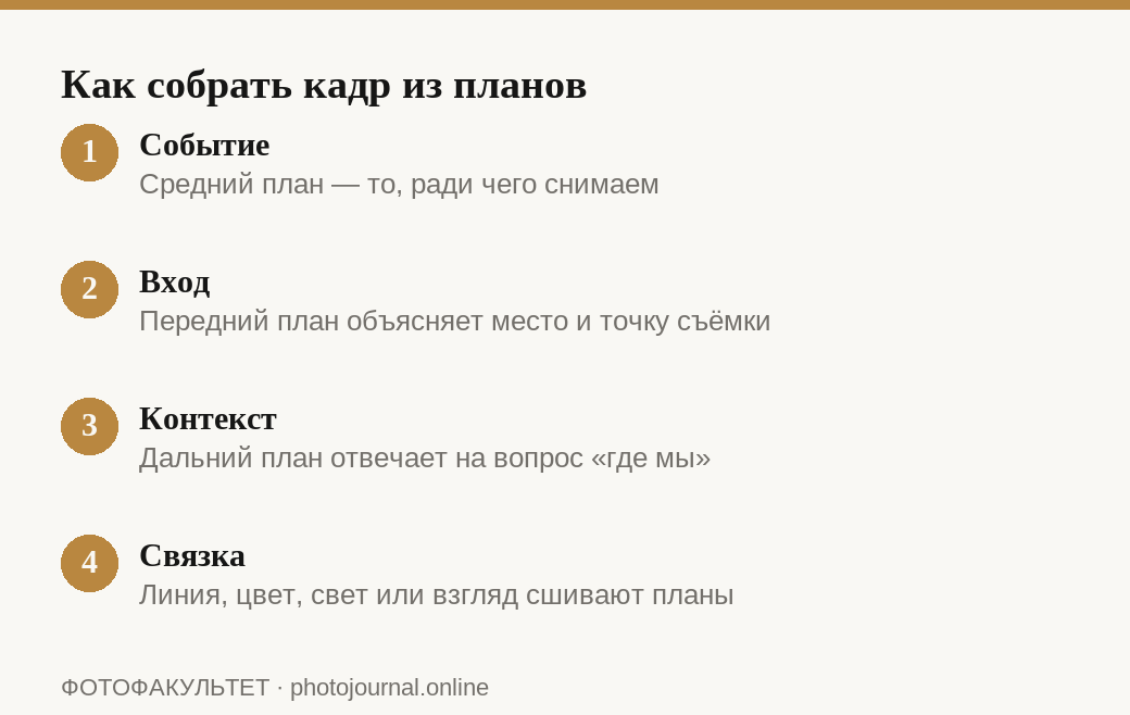 Четыре шага построения кадра из переднего, среднего и дальнего плана